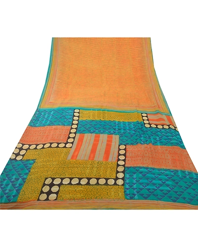 Sanskriti Vintage Peach Sarees Pure Georgette Silk Printed Sari 5Yd Craft Fabric, PRG-6010-Peach-Printed Floral Design-Pure Georgette Silk-7