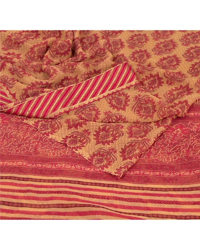 Sanskriti Vintage Beige Sarees Georgette Printed Sari 5 Yard Craft Fabric, PRG-6022-Beige-Printed Floral Design-Georgette-1
