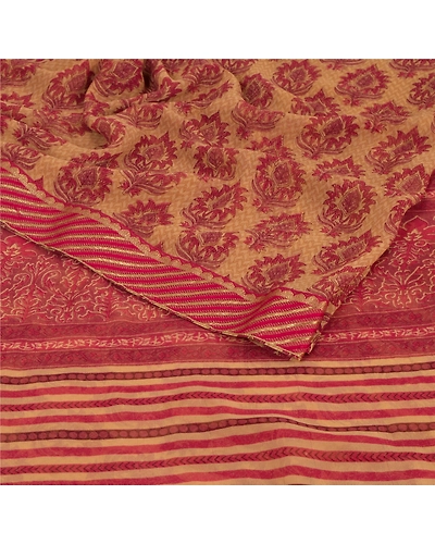 Sanskriti Vintage Beige Sarees Georgette Printed Sari 5 Yard Craft Fabric, PRG-6022-Beige-Printed Floral Design-Georgette-2