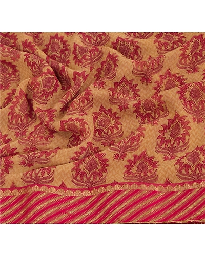 Sanskriti Vintage Beige Sarees Georgette Printed Sari 5 Yard Craft Fabric, PRG-6022-Beige-Printed Floral Design-Georgette-4