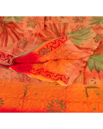 Sanskrit Vintage Indian Sari Blend Georgette Printed Sarees 5 Yard Craft Fabric, PRG-6025-Multi-Printed Floral Design-Blend Georgette-1