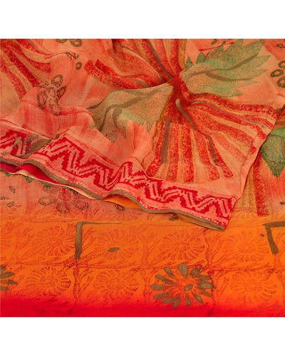 Sanskrit Vintage Indian Sari Blend Georgette Printed Sarees 5 Yard Craft Fabric, PRG-6025-Multi-Printed Floral Design-Blend Georgette-2
