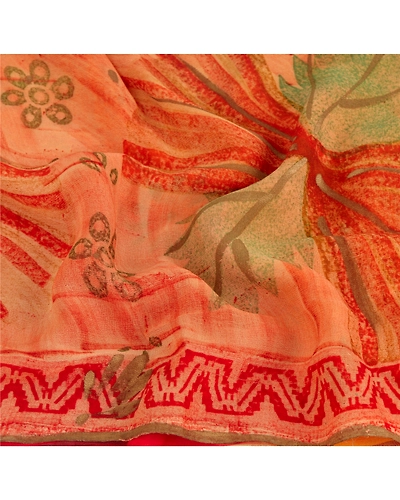 Sanskrit Vintage Indian Sari Blend Georgette Printed Sarees 5 Yard Craft Fabric, PRG-6025-Multi-Printed Floral Design-Blend Georgette-4