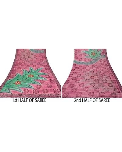 Sanskriti Vintage Pink Sarees Blend Georgette Printed Sari 5 Yard Craft Fabric, PRG-6050-Pink-Printed Floral Design-Blend Georgette-3
