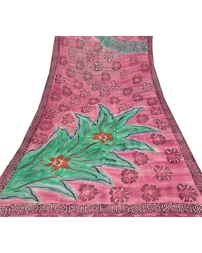 Sanskriti Vintage Pink Sarees Blend Georgette Printed Sari 5 Yard Craft Fabric, PRG-6050-Pink-Printed Floral Design-Blend Georgette-7