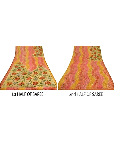 Sanskriti Vintage Indian Sari Pure Georgette Silk Printed Sarees Craft Fabric, PRG-6149-Multi-Printed Floral Design-Pure Georgette Silk-3