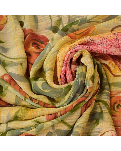 Sanskriti Vintage Indian Sari Pure Georgette Silk Printed Sarees Craft Fabric, PRG-6149-Multi-Printed Floral Design-Pure Georgette Silk-5