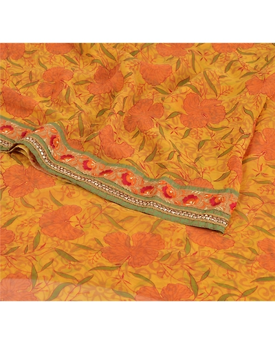 Sanskriti Vintage Yellow Sarees Blend Georgette Printed Sari 5 Yard Craft Fabric, PRG-6207-Yellow-Printed Floral Design-Blend Georgette-1