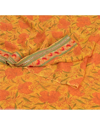Sanskriti Vintage Yellow Sarees Blend Georgette Printed Sari 5 Yard Craft Fabric, PRG-6207-Yellow-Printed Floral Design-Blend Georgette-2