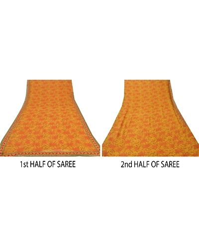 Sanskriti Vintage Yellow Sarees Blend Georgette Printed Sari 5 Yard Craft Fabric, PRG-6207-Yellow-Printed Floral Design-Blend Georgette-3