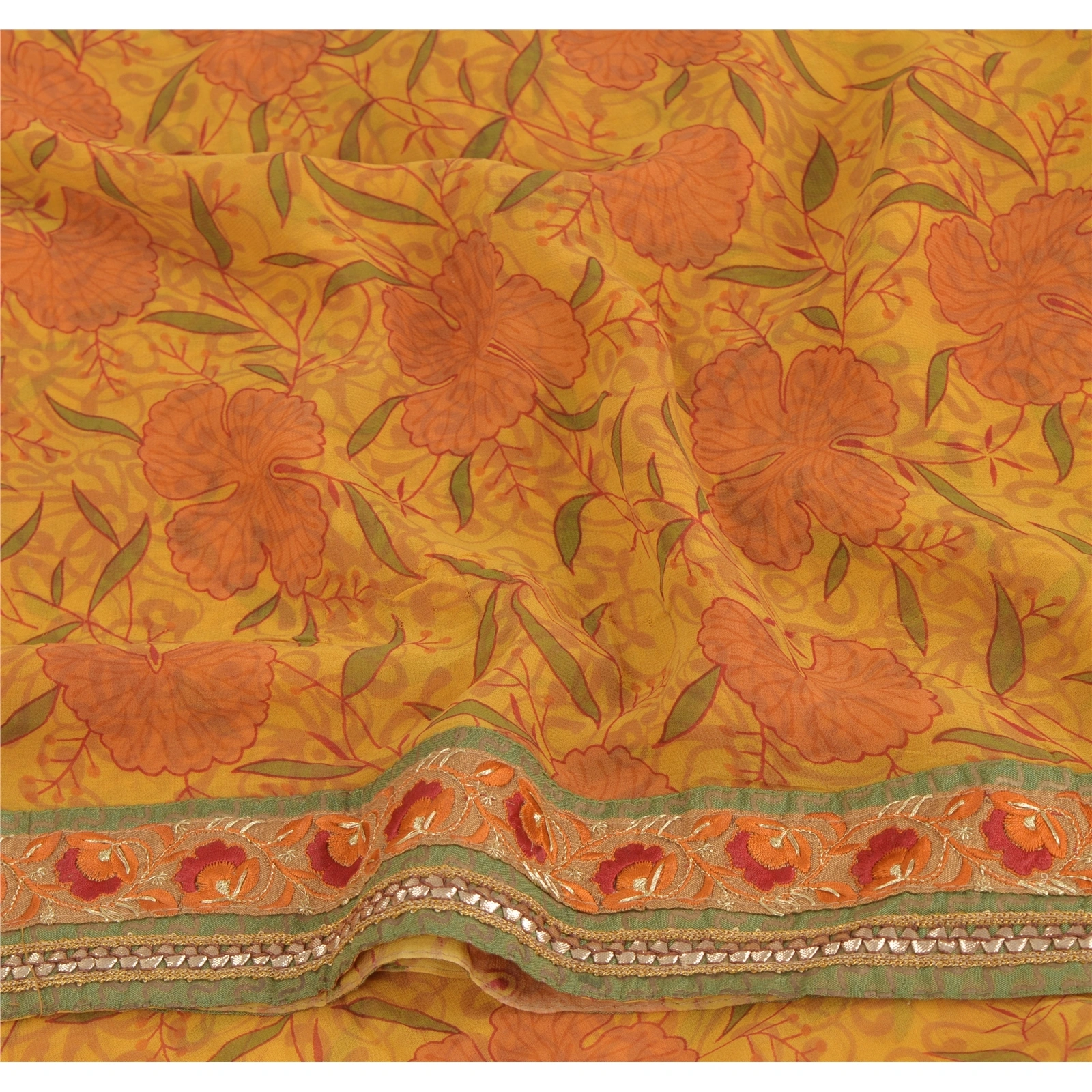 Sanskriti Vintage Yellow Sarees Blend Georgette Printed Sari 5 Yard Craft Fabric, PRG-6207-Yellow-Printed Floral Design-Blend Georgette-4