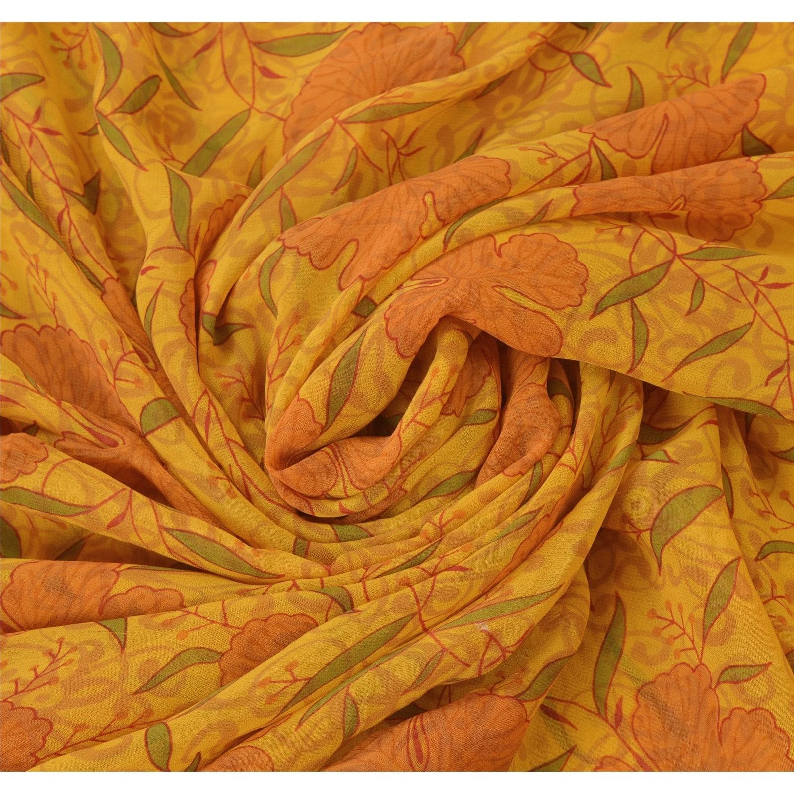 Sanskriti Vintage Yellow Sarees Blend Georgette Printed Sari 5 Yard Craft Fabric, PRG-6207-Yellow-Printed Floral Design-Blend Georgette-5