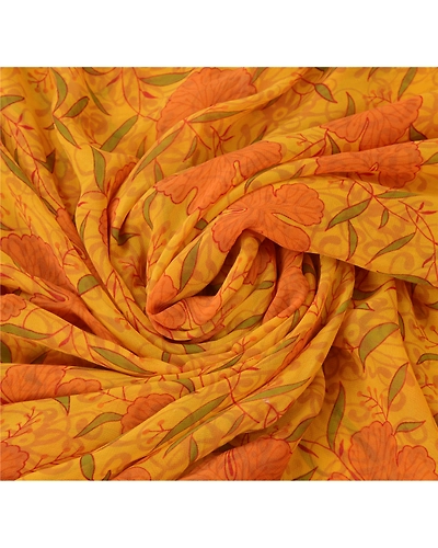 Sanskriti Vintage Yellow Sarees Blend Georgette Printed Sari 5 Yard Craft Fabric, PRG-6207-Yellow-Printed Floral Design-Blend Georgette-5