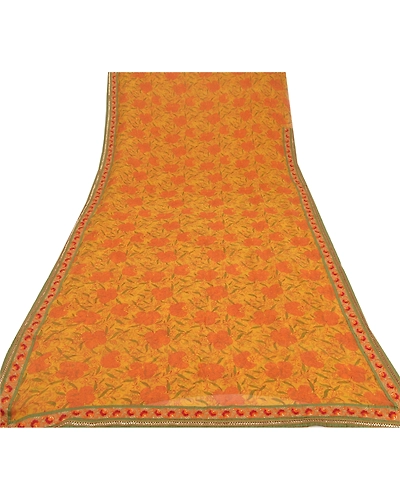 Sanskriti Vintage Yellow Sarees Blend Georgette Printed Sari 5 Yard Craft Fabric, PRG-6207-Yellow-Printed Floral Design-Blend Georgette-7