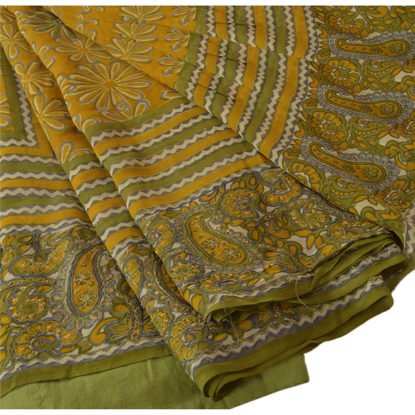 Sanskriti Vintage Pure Georgette Silk Sarees Yellow Printed Sari Craft Fabric, PRG-621-Yellow-Printed Work With Floral Design-Pure Georgette Silk-2