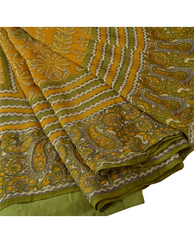Sanskriti Vintage Pure Georgette Silk Sarees Yellow Printed Sari Craft Fabric, PRG-621-Yellow-Printed Work With Floral Design-Pure Georgette Silk-2