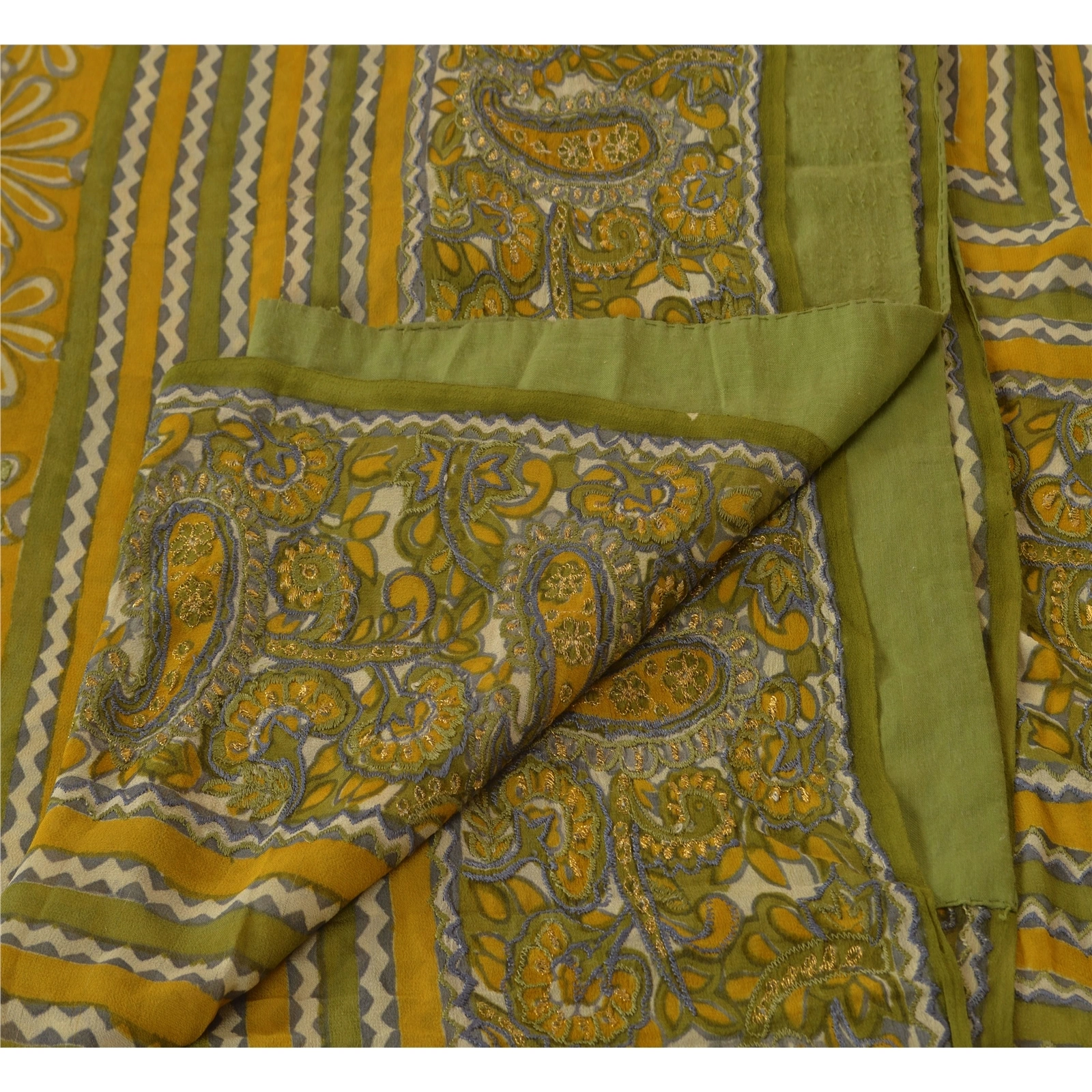 Sanskriti Vintage Pure Georgette Silk Sarees Yellow Printed Sari Craft Fabric, PRG-621-Yellow-Printed Work With Floral Design-Pure Georgette Silk-3