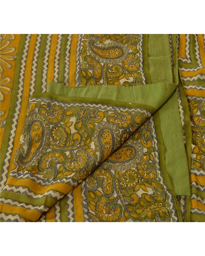 Sanskriti Vintage Pure Georgette Silk Sarees Yellow Printed Sari Craft Fabric, PRG-621-Yellow-Printed Work With Floral Design-Pure Georgette Silk-3