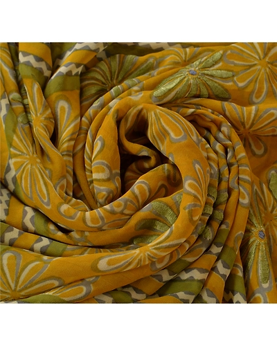 Sanskriti Vintage Pure Georgette Silk Sarees Yellow Printed Sari Craft Fabric, PRG-621-Yellow-Printed Work With Floral Design-Pure Georgette Silk-7