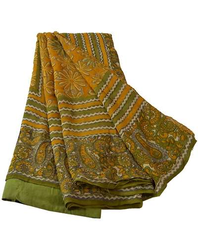 Sanskriti Vintage Pure Georgette Silk Sarees Yellow Printed Sari Craft Fabric, PRG-621-Yellow-Printed Work With Floral Design-Pure Georgette Silk-8