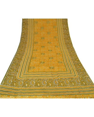 Sanskriti Vintage Pure Georgette Silk Sarees Yellow Printed Sari Craft Fabric, PRG-621-Yellow-Printed Work With Floral Design-Pure Georgette Silk-9