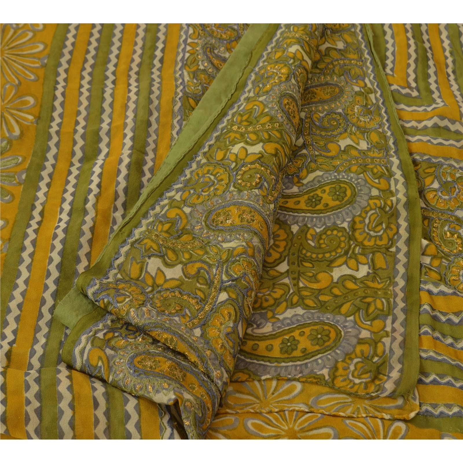 Sanskriti Vintage Pure Georgette Silk Sarees Yellow Printed Sari Craft Fabric, PRG-621-Yellow-Printed Work With Floral Design-Pure Georgette Silk-10