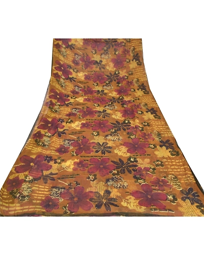 Sanskriti Vintage Brown Sarees Blend Georgette Printed Indian Sari Craft Fabric, PRG-6219-Brown-Printed Floral Design-Blend Georgette-7