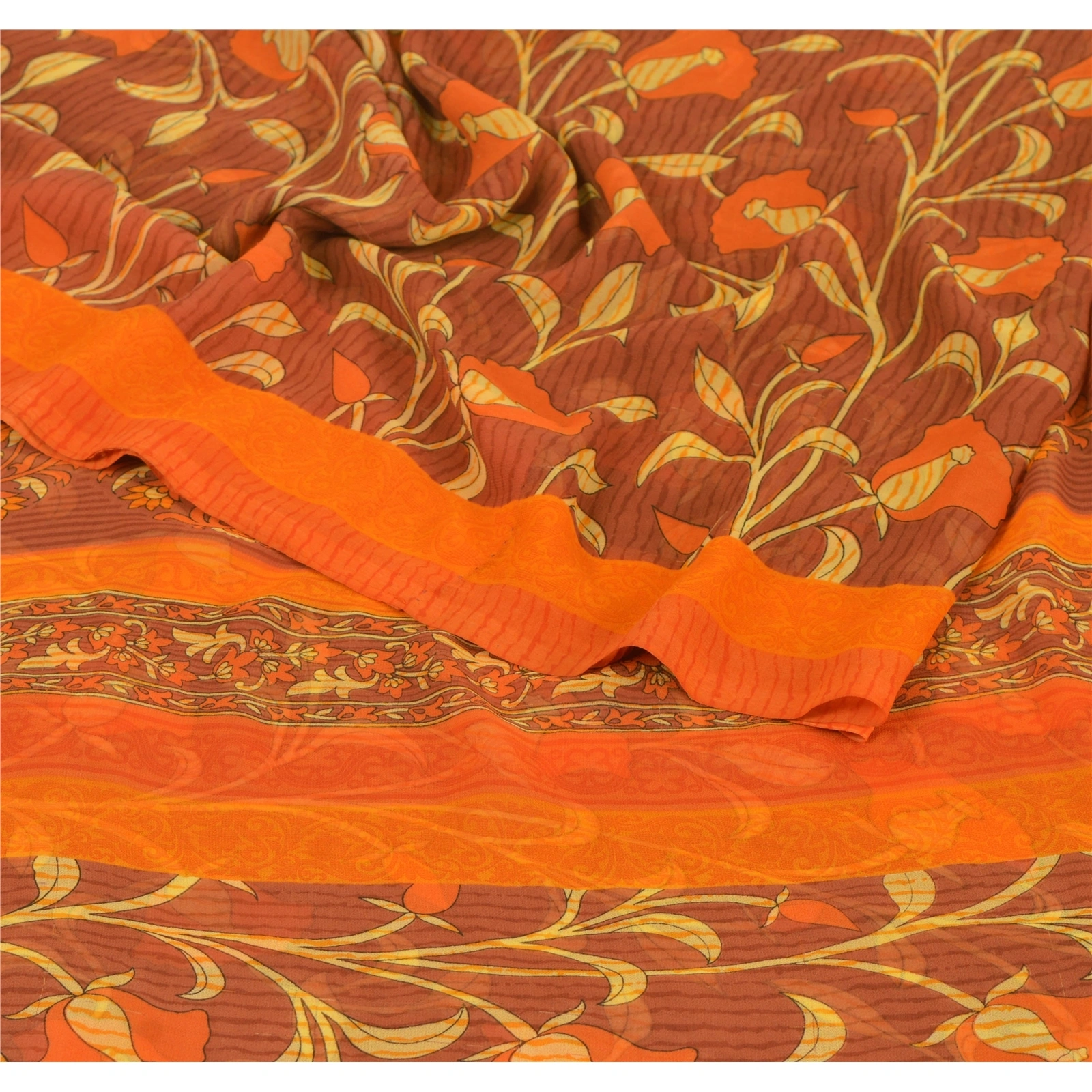 Sanskriti Vintage Brown Sarees Georgette Printed Indian Sari 5 Yard Craft Fabric, PRG-6257-Brown-Printed Floral Design-Georgette-1