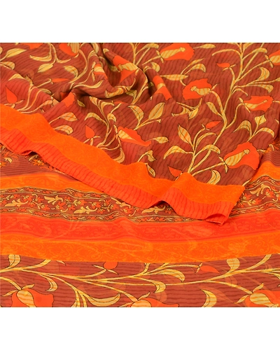 Sanskriti Vintage Brown Sarees Georgette Printed Indian Sari 5 Yard Craft Fabric, PRG-6257-Brown-Printed Floral Design-Georgette-1