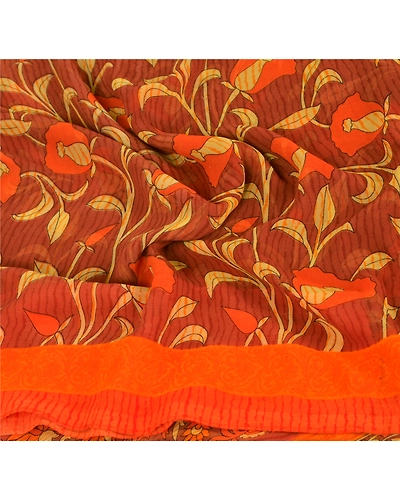 Sanskriti Vintage Brown Sarees Georgette Printed Indian Sari 5 Yard Craft Fabric, PRG-6257-Brown-Printed Floral Design-Georgette-4