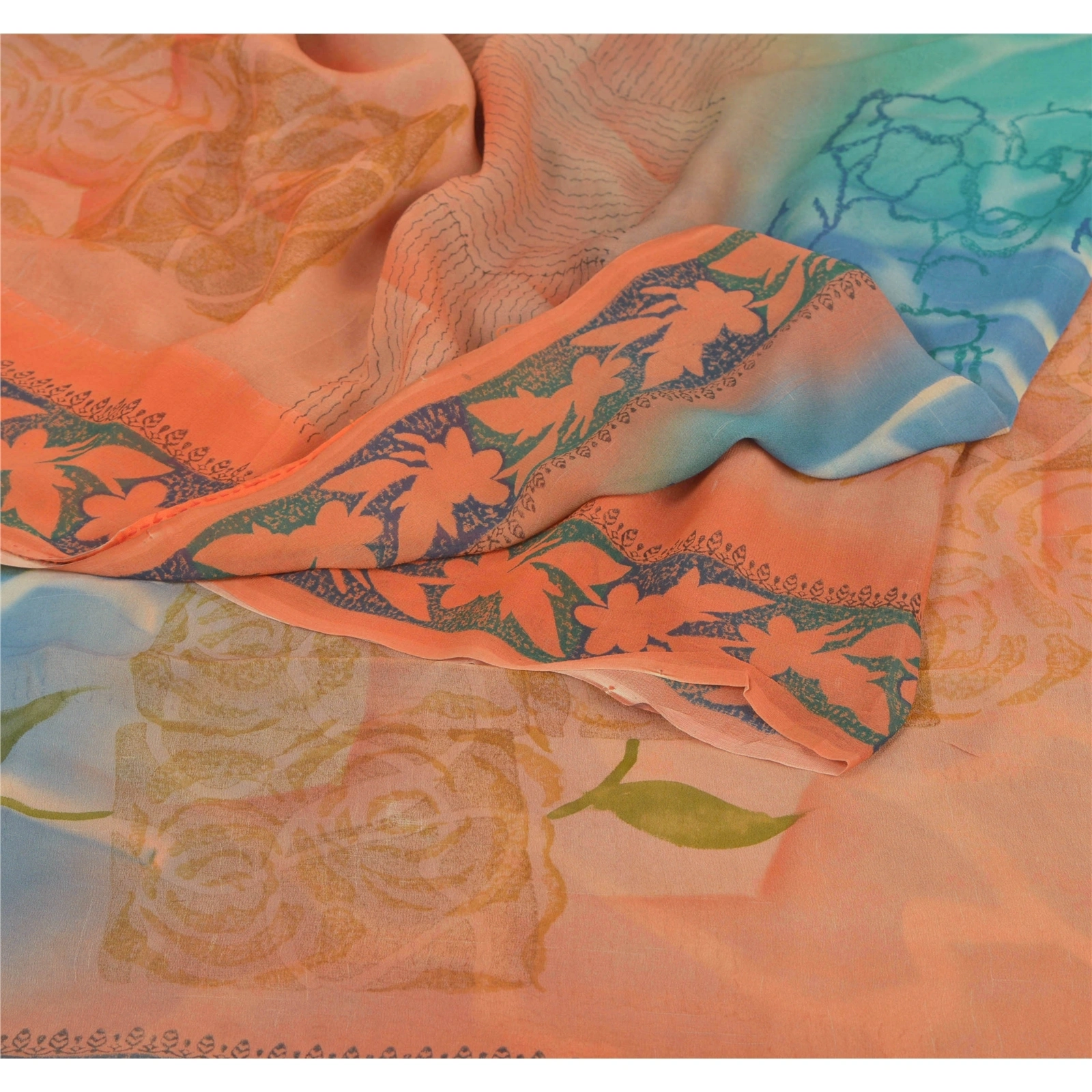 Sanskriti Vintage Peach Sarees Pure Georgette Silk Printed Sari Craft Fabric, PRG-6370-Peach-Printed Floral Design-Pure Georgette Silk-1