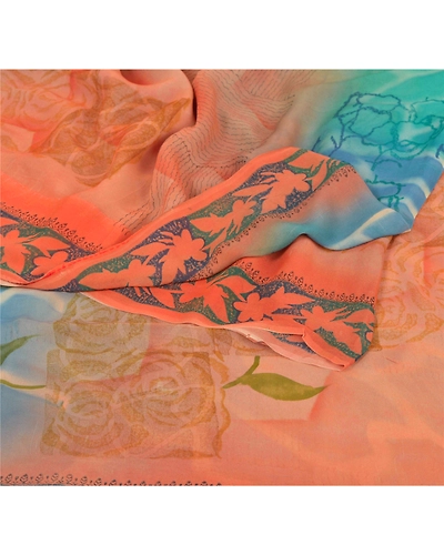 Sanskriti Vintage Peach Sarees Pure Georgette Silk Printed Sari Craft Fabric, PRG-6370-Peach-Printed Floral Design-Pure Georgette Silk-1