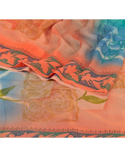 Sanskriti Vintage Peach Sarees Pure Georgette Silk Printed Sari Craft Fabric, PRG-6370-Peach-Printed Floral Design-Pure Georgette Silk-2