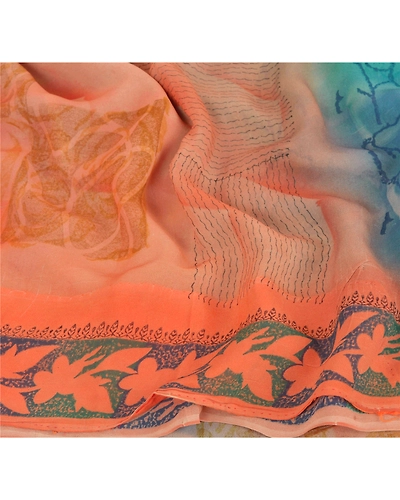 Sanskriti Vintage Peach Sarees Pure Georgette Silk Printed Sari Craft Fabric, PRG-6370-Peach-Printed Floral Design-Pure Georgette Silk-3
