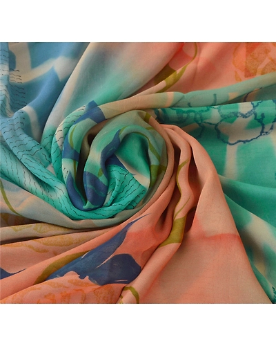 Sanskriti Vintage Peach Sarees Pure Georgette Silk Printed Sari Craft Fabric, PRG-6370-Peach-Printed Floral Design-Pure Georgette Silk-5