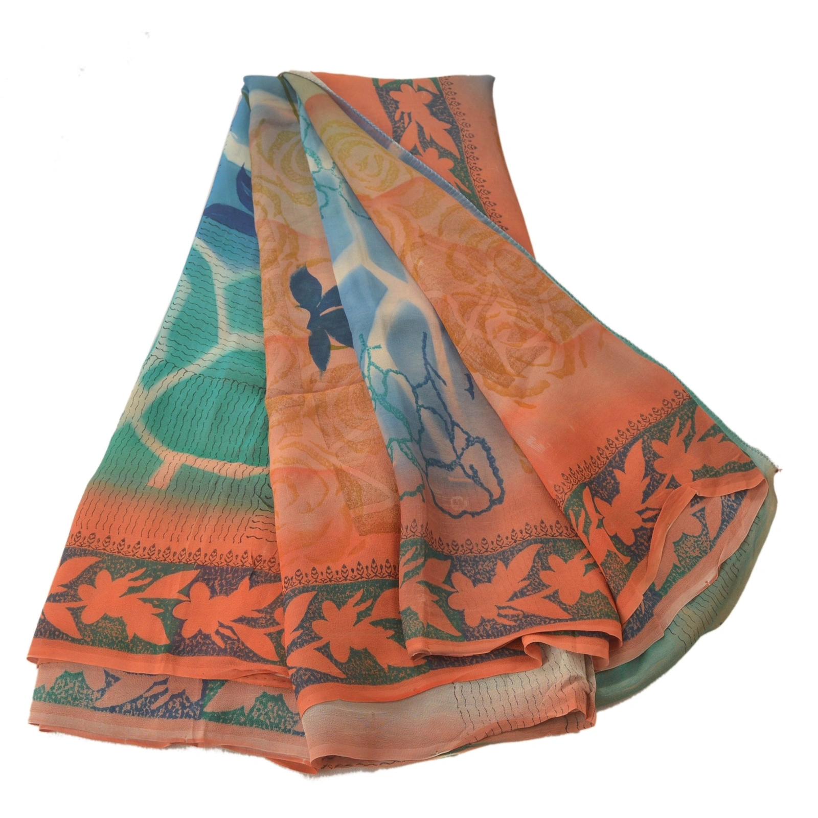 Sanskriti Vintage Peach Sarees Pure Georgette Silk Printed Sari Craft Fabric, PRG-6370-Peach-Printed Floral Design-Pure Georgette Silk-6