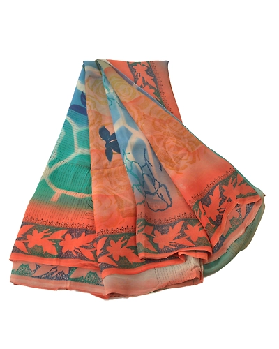 Sanskriti Vintage Peach Sarees Pure Georgette Silk Printed Sari Craft Fabric, PRG-6370-Peach-Printed Floral Design-Pure Georgette Silk-6