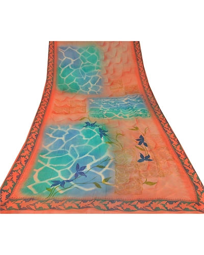 Sanskriti Vintage Peach Sarees Pure Georgette Silk Printed Sari Craft Fabric, PRG-6370-Peach-Printed Floral Design-Pure Georgette Silk-7