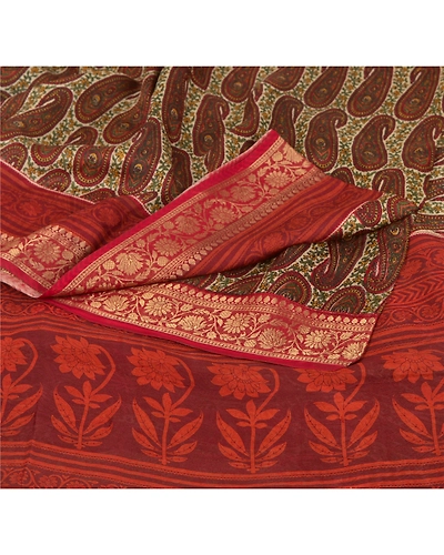 Sanskriti Vintage Cream Sarees Blend Silk Printed Zari Border Sari Craft Fabric, PRG-6378-Cream-Printed Floral Design-Blend Silk-1
