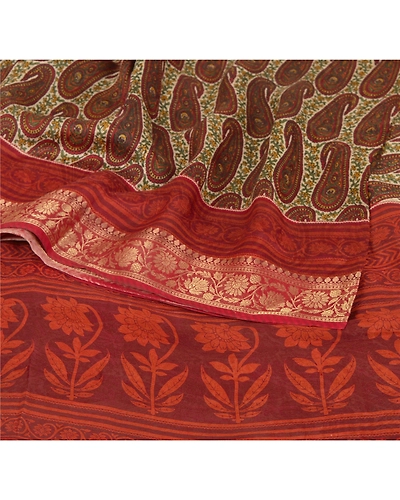 Sanskriti Vintage Cream Sarees Blend Silk Printed Zari Border Sari Craft Fabric, PRG-6378-Cream-Printed Floral Design-Blend Silk-2