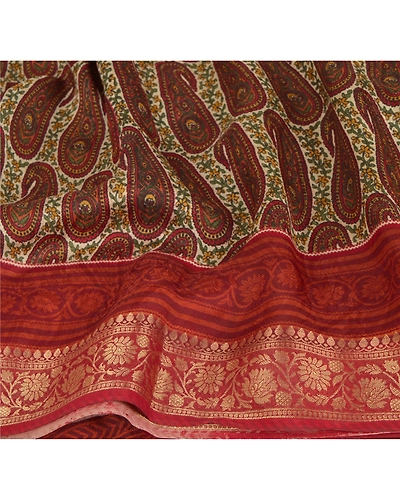 Sanskriti Vintage Cream Sarees Blend Silk Printed Zari Border Sari Craft Fabric, PRG-6378-Cream-Printed Floral Design-Blend Silk-3