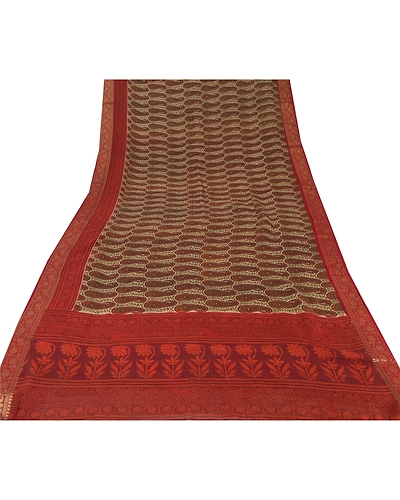 Sanskriti Vintage Cream Sarees Blend Silk Printed Zari Border Sari Craft Fabric, PRG-6378-Cream-Printed Floral Design-Blend Silk-7