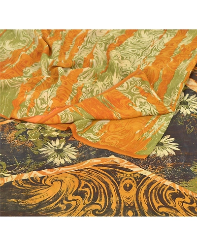Sanskriti Vintage Brown Sarees Pure Georgette Silk Printed Sari Craft Fabric, PRG-6519-Brown-Printed Floral Design-Pure Georgette Silk-2