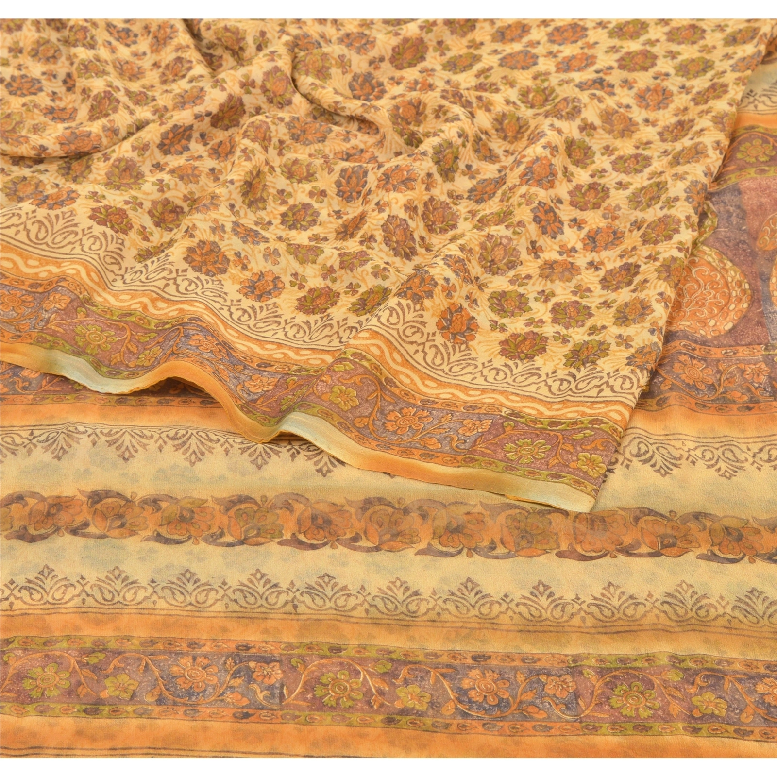 Sanskriti Vintage Brown Sarees Blend Georgette Printed Sari 5 Yard Craft Fabric, PRG-6523-Brown-Printed Floral Design-Blend Georgette-1