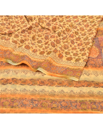 Sanskriti Vintage Brown Sarees Blend Georgette Printed Sari 5 Yard Craft Fabric, PRG-6523-Brown-Printed Floral Design-Blend Georgette-1