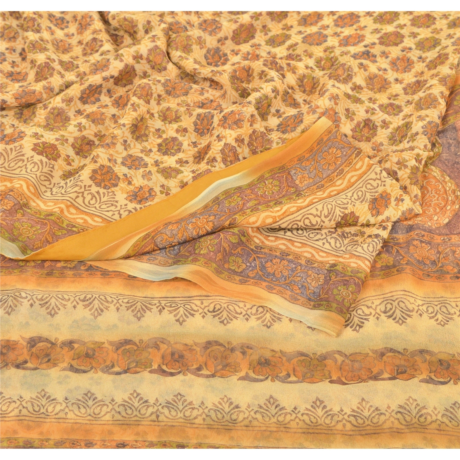 Sanskriti Vintage Brown Sarees Blend Georgette Printed Sari 5 Yard Craft Fabric, PRG-6523-Brown-Printed Floral Design-Blend Georgette-2