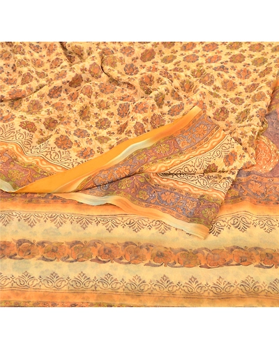 Sanskriti Vintage Brown Sarees Blend Georgette Printed Sari 5 Yard Craft Fabric, PRG-6523-Brown-Printed Floral Design-Blend Georgette-2