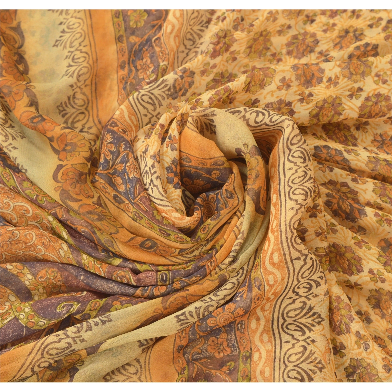 Sanskriti Vintage Brown Sarees Blend Georgette Printed Sari 5 Yard Craft Fabric, PRG-6523-Brown-Printed Floral Design-Blend Georgette-5