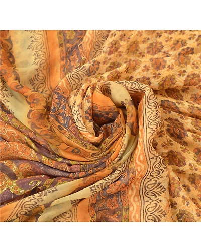 Sanskriti Vintage Brown Sarees Blend Georgette Printed Sari 5 Yard Craft Fabric, PRG-6523-Brown-Printed Floral Design-Blend Georgette-5