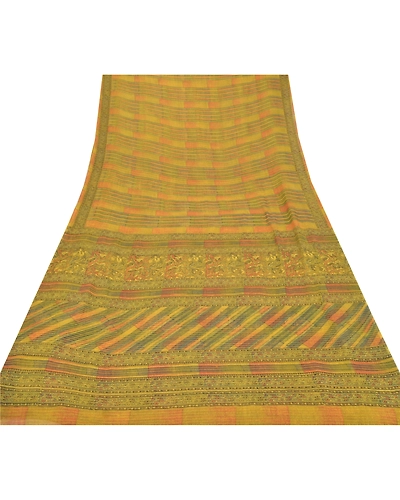 Sanskriti Vintage Green Sarees Pure Georgette Silk Printed Sari Craft Fabric, PRG-6524-Green-Printed Floral Design-Pure Georgette Silk-7